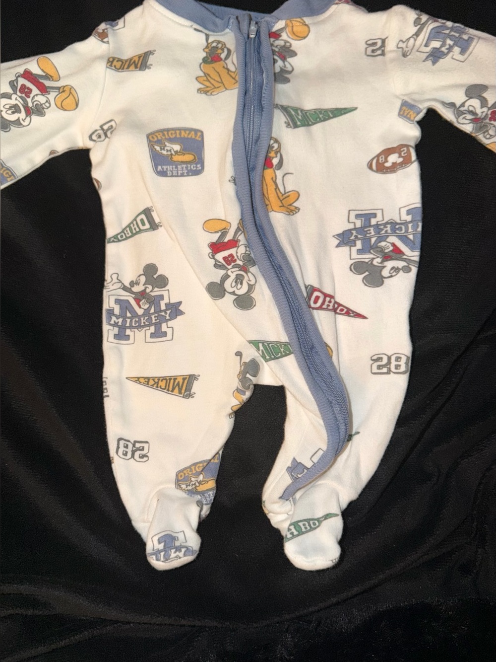 Disney White Mickey & Pluto Zip-Front Footed One-Piece with Blue Trim